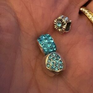 Charms- for bracelet (3) Silver Tone -light Blue stone, Blue color Vintage